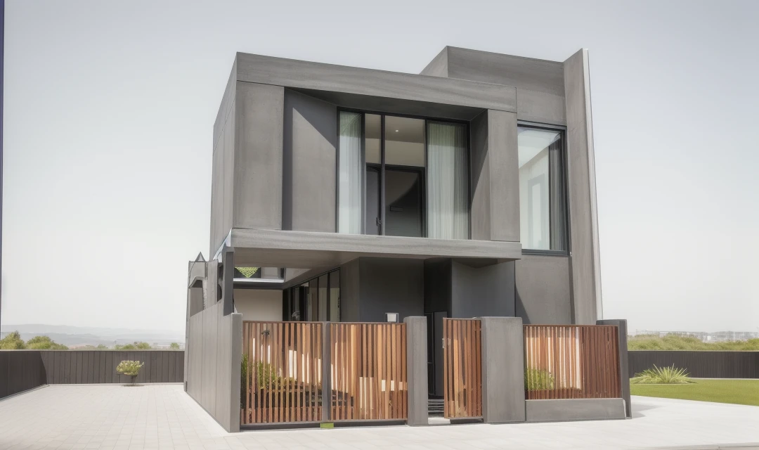 RAW photo of house, two floors, Modern style, closed facade, Slate material, white concrete, wood, external stairs, lots of green space, daylight, Dark, amount of light: :1.5, warm light, highlight::1.5, art trend target light, studio photo, intricate details, luxurious and spacious, beautiful, realistic, 32k uhd, Noon.