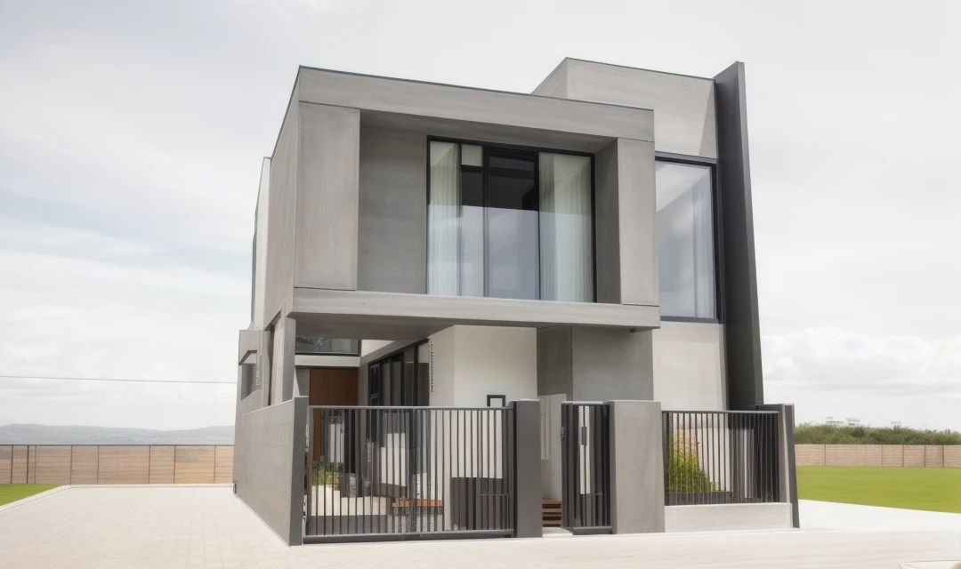 RAW photo of house, two floors, Modern style, closed facade, Slate material, white concrete, wood, external stairs, lots of green space, daylight, Dark, amount of light: :1.5, warm light, highlight::1.5, art trend target light, studio photo, intricate details, luxurious and spacious, beautiful, realistic, 32k uhd, Noon.