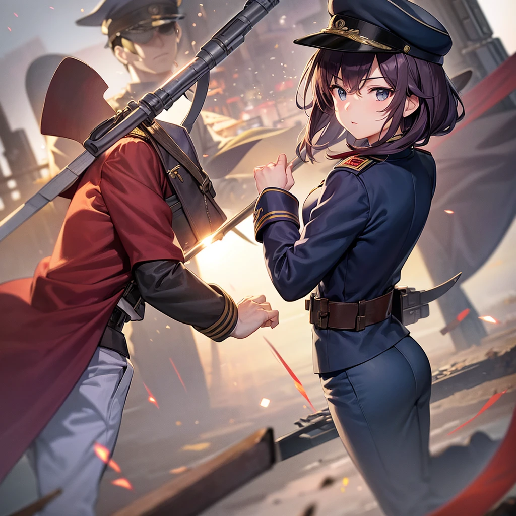 Create an anime character, wearing Soviet navy uniform during World War II, in a war scenario.