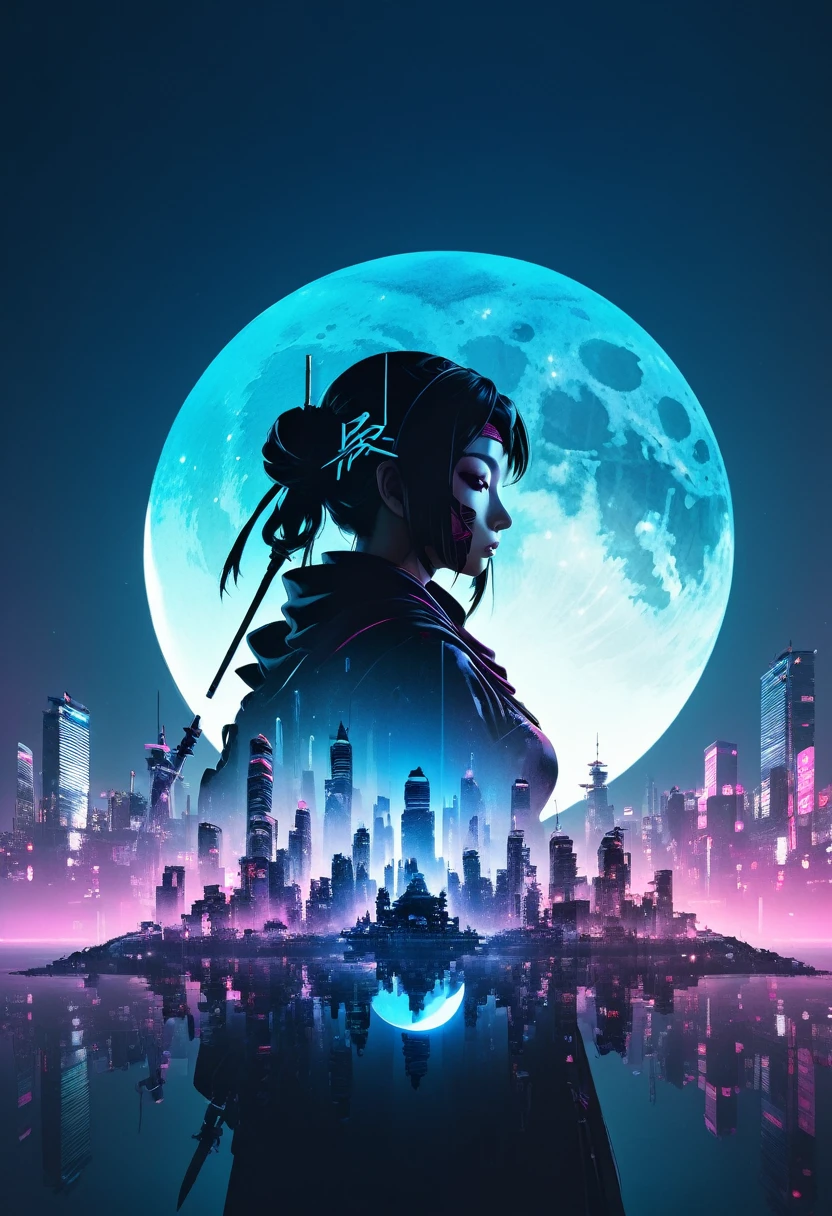 mate piece, Kunoichi, logo, monotony, moon, depth of field, (holographic glow effect:1.3), double exposure, cyberpunk city, silhouette, masterpiece,