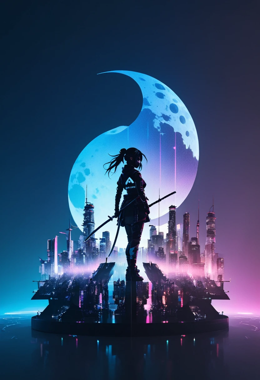  mate piece, Kunoichi, logo, monotony, moon, depth of field, (holographic glow effect:1.3), double exposure, cyberpunk city, silhouette, masterpiece,