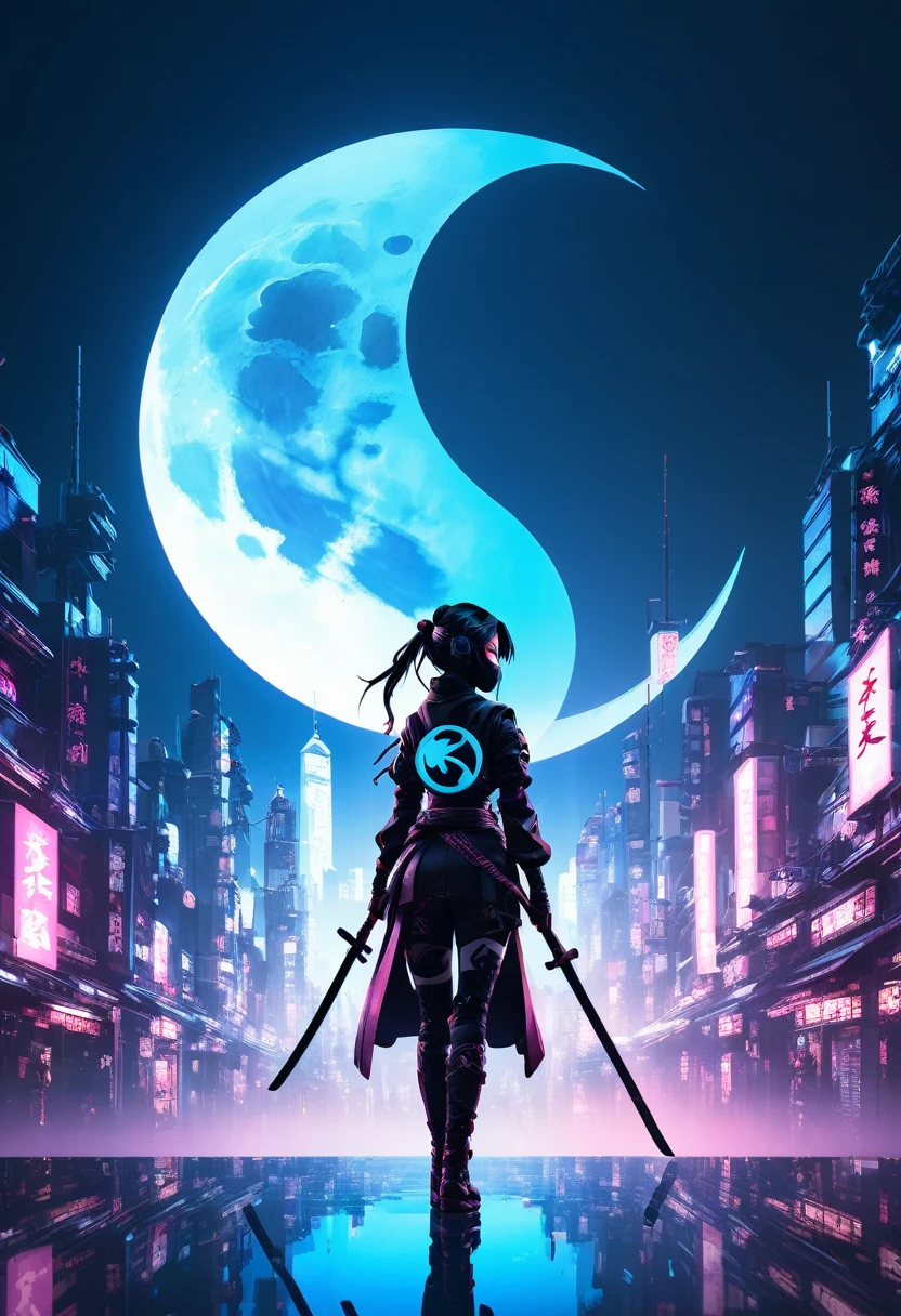 mate piece, Kunoichi, logo, monotony, moon, depth of field, (holographic glow effect:1.3), double exposure, cyberpunk city, silhouette, masterpiece,