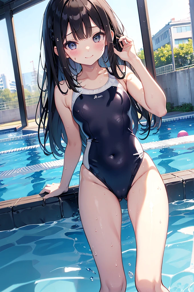 ((4K、8K、Highest quality、Perfect Fingers: 1.3、Perfect Anatomy: 1.3、Background Blur))、((、、small 、cute big droopy eyes、Straight Long Hair、Beautiful and slim girl、Black Hair))、(((White school swimsuit:1.3)))、(((Plain school swimsuit)))、（(White one piece swimsuit:1.3)）、((See through))、(Wet)、(Nipples)、blush、(Smiling Kindly)、Shiny skin、、Sweat、Full body angle、School poolside、