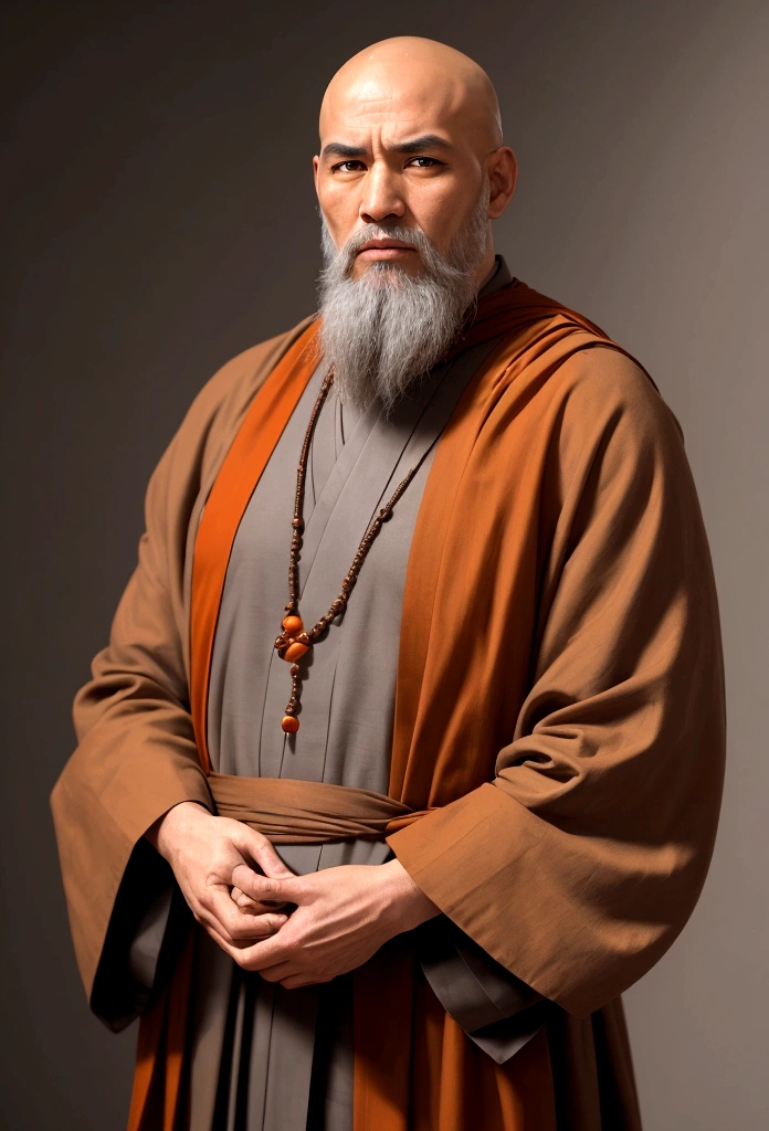 Create a highly detailed and realistic portrait of a monk with a bald head and a gray beard. The monk should be wearing traditional robes in shades of brown and orange, and he should have prayer beads around his neck. The background should be simple and slightly blurred, with warm, earthy tones to highlight the serene and wise appearance of the monk. The lighting should be soft, casting gentle shadows to emphasize the texture of the robes and the contemplative expression on the monk's face.