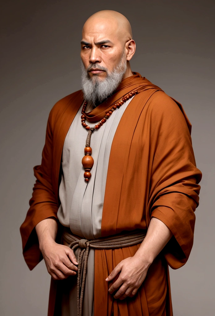 Create a highly detailed and realistic portrait of a monk with a bald head and a gray beard. The monk should be wearing traditional robes in shades of brown and orange, and he should have prayer beads around his neck. The background should be simple and slightly blurred, with warm, earthy tones to highlight the serene and wise appearance of the monk. The lighting should be soft, casting gentle shadows to emphasize the texture of the robes and the contemplative expression on the monk's face.