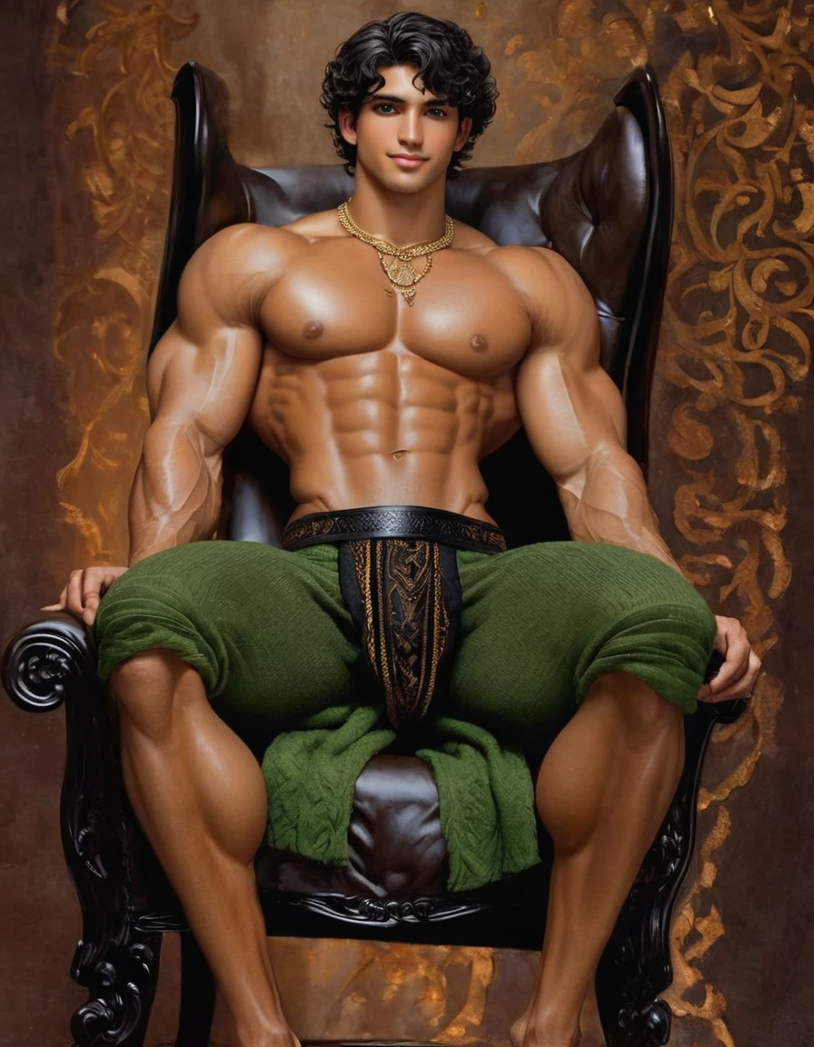 ((1 man wearing small black loincloth, sitt on a chair with his legs up showing his anus in a complete negative black space, smiling, focused gaze)) in caravagio and roberto ferri art style, ultra detailed, ultra realistic, ambient lighting, becoming the subject composition, soft neutral colors, perfect components layout, divine proportions, wide angle, fullbody, in henry scott tuke art style, ultradetailed, ultrarealistic, 8k resolution, HD, A young man, latino, cinnmon skin, oval face, roman nose, fulll lips, diamont chin, large black eyes, short black, wavy hair, in roberto ferri style, aesthetic slim athletic body, very tall, latino, realistic skin, gorgeous, realistic detailed tonned muscles, barefoot, perfect anatomy, muscled fitness body, 195cm tall, realistic skin, skinny realistic detailed muscles, he is wearing small green loincloth, man standing naked small flacid penis, barefoot, perfect detailed feet, relaxed body lenguaje, relaxed face expresion. , masterpiece, pricewinner, madoka_magica ((background black negative space)