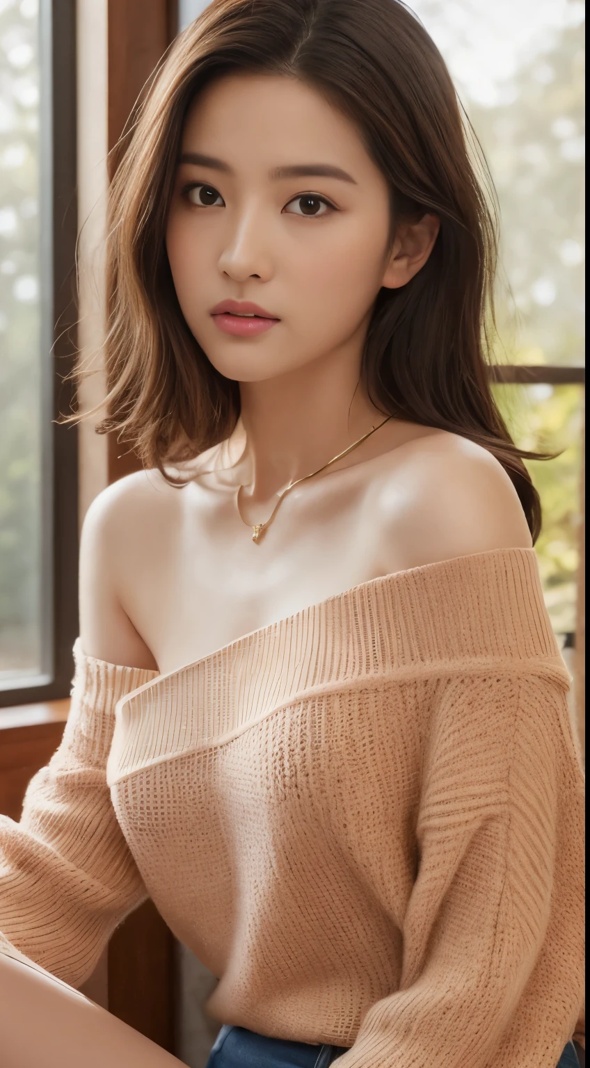 ((Best quality, 8K, Masterpiece :1.3)), Sharp focus :1.2, perfect figure beautiful woman:1.4, Slim abs:1.2, ((Layered Hair Style, large tit:1.2)),Highly detailed facial and skin texture, A detailed eye, double eyelid, necklace, fullbody, mid-shot, she is sitting and reading a book in a cozy indoor setting. The scene is bathed in the warm, golden light of a late afternoon, streaming in from a window directly behind her. She is wearing a soft pink sweater relaxed neckline that casually ((drapes off one shoulder)), exposing slender shoulders with black bra trap, highlighted by the rays of light creating a radiant effect on her skin. , mid-shot , light rays, warm atmosphere , light through hair