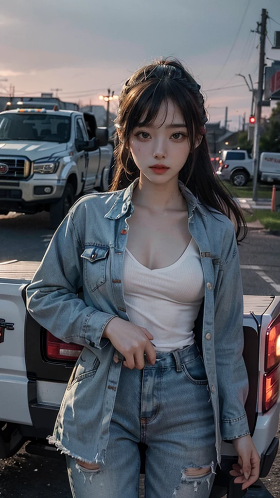 (masterpiece), (best quality), (ultra-detailed), sakura zombie, 1girl, zombie, blue skin, cowboy shot, outdoors, (truck:1.3), night