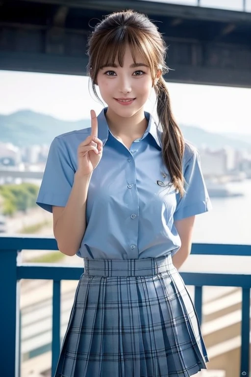 (masterpiece:1.3, Highest quality, Ultra-high resolution, Very detailed), (Realistic:1.1, photoRealistic:1.4), Beautiful illustrations, Perfect lighting, colorful, Written boundary depth, Beautiful detailsまでこだわった髪, Beautifully detailed face, Beautiful details, Beautiful clavicle, Beautiful body, Beautiful breasts, Beautiful thighs, Beautiful legs, Beautiful fingers, View your audience, 1 Girl, Japanese, high school girl, Perfect Face, (Perfect Anatomy, Anatomically correct), Cute and symmetrical face, Baby Face, Sunburn, Shiny skin, (Mid-length hair:1.5, Twin tails:1.2, blonde), Asymmetrical bangs, blue eyes, Long eyelashes, (Medium Chest), thin, ((Collared short-sleeved shirt, Light blue shirt, , Grey plaid pleated skirt, To the Navy)), No pants, (Beautiful views), evening, (Outdoor, distant cityscape), Are standing, (peace sign), (Cute Smile, 鬠红、Upward glance, Open your mouth), (Open Girl&#39;Cat:1.3), hour々squat:1.2,Put your finger in your pussy:1.5,