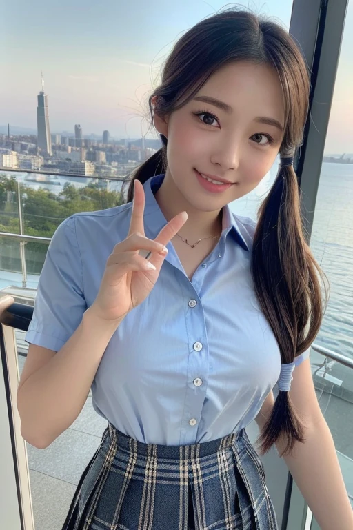 (masterpiece:1.3, Highest quality, Ultra-high resolution, Very detailed), (Realistic:1.1, photoRealistic:1.4), Beautiful illustrations, Perfect lighting, colorful, Written boundary depth, Beautiful detailsまでこだわった髪, Beautifully detailed face, Beautiful details, Beautiful clavicle, Beautiful body, Beautiful breasts, Beautiful thighs, Beautiful legs, Beautiful fingers, View your audience, 1 Girl, Japanese, high school girl, Perfect Face, (Perfect Anatomy, Anatomically correct), Cute and symmetrical face, Baby Face, Sunburn, Shiny skin, (Mid-length hair:1.5, Twin tails:1.2, blonde), Asymmetrical bangs, blue eyes, Long eyelashes, (Medium Chest), thin, ((Collared short-sleeved shirt, Light blue shirt, , Grey plaid pleated skirt, To the Navy)), No pants, (Beautiful views), evening, (Outdoor, distant cityscape), Are standing, (peace sign), (Cute Smile, 鬠红、Upward glance, Open your mouth), (Open Girl'Cat:1.3), hour々squat:1.2,Put your finger in your pussy:1.5,