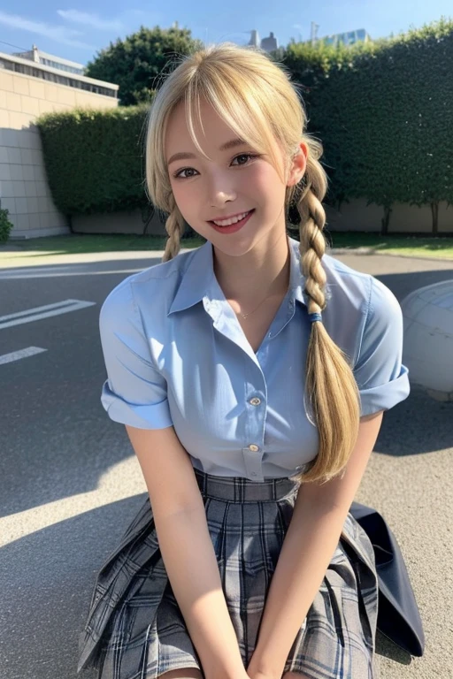 (masterpiece:1.3, Highest quality, Ultra-high resolution, Very detailed), (Realistic:1.1, photoRealistic:1.4), Beautiful illustrations, Perfect lighting, colorful, Written boundary depth, Beautiful detailsまでこだわった髪, Beautifully detailed face, Beautiful details, Beautiful clavicle, Beautiful body, Beautiful breasts, Beautiful thighs, Beautiful legs, Beautiful fingers, View your audience, 1 Girl, Japanese, high school girl, Perfect Face, (Perfect ???????, Anatomically correct), Cute and symmetrical face, Baby Face, Sunburn, Shiny skin, (Mid-length hair:1.5, Twin tails:1.2, blonde), Asymmetrical bangs, blue eyes, Long eyelashes, (Medium Chest), thin, ((Collared short-sleeved shirt, Light blue shirt, , Grey plaid pleated skirt, To the Navy)), No pants, (Beautiful views), evening, (Outdoor, distant cityscape), Are standing, (peace sign), (Cute Smile, 鬠红、Upward glance, Open your mouth), (Open Girl&#39;Cat:1.3), hour々squat:1.2,Put your finger in your pussy:1.5,