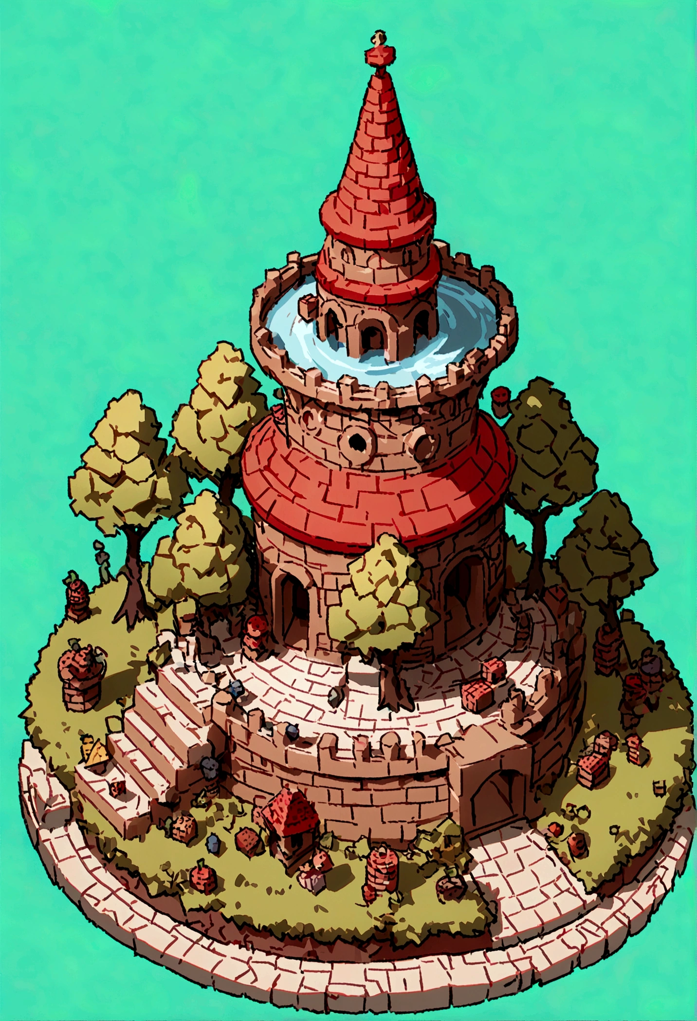 absurdres, best quality, fantasy, isometric, knolling style of (miniature brick round tower:1.2), tree, stone wall, (simple background:1.2)
