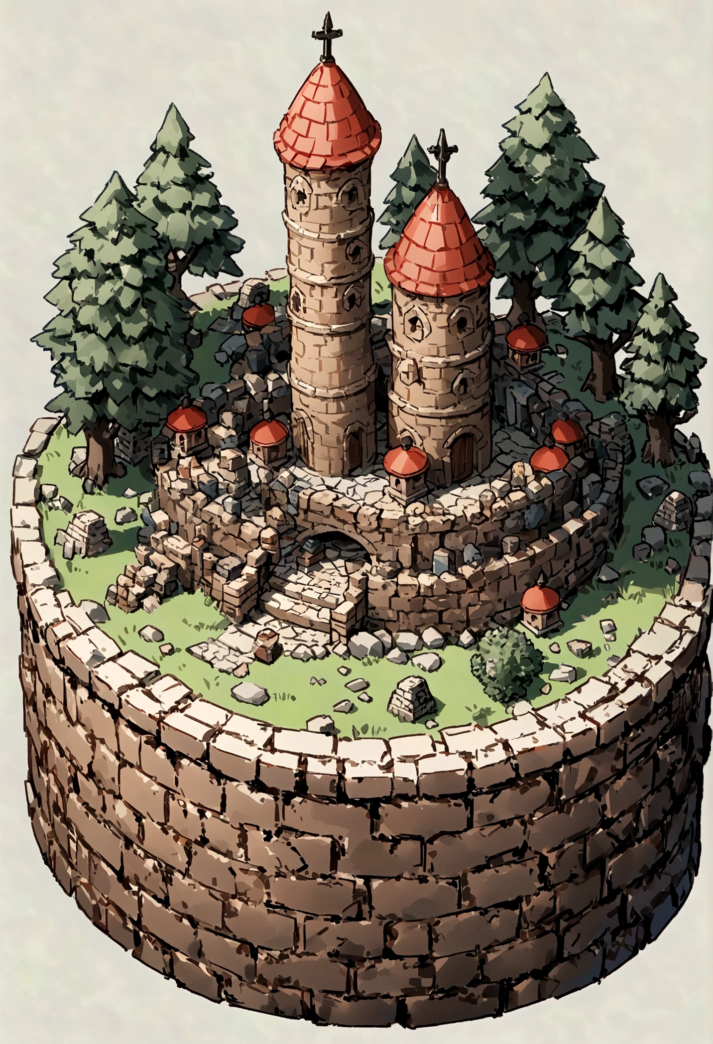 absurdres, best quality, fantasy, isometric, knolling style of (miniature brick round tower:1.2), tree, stone wall, (simple background:1.2)