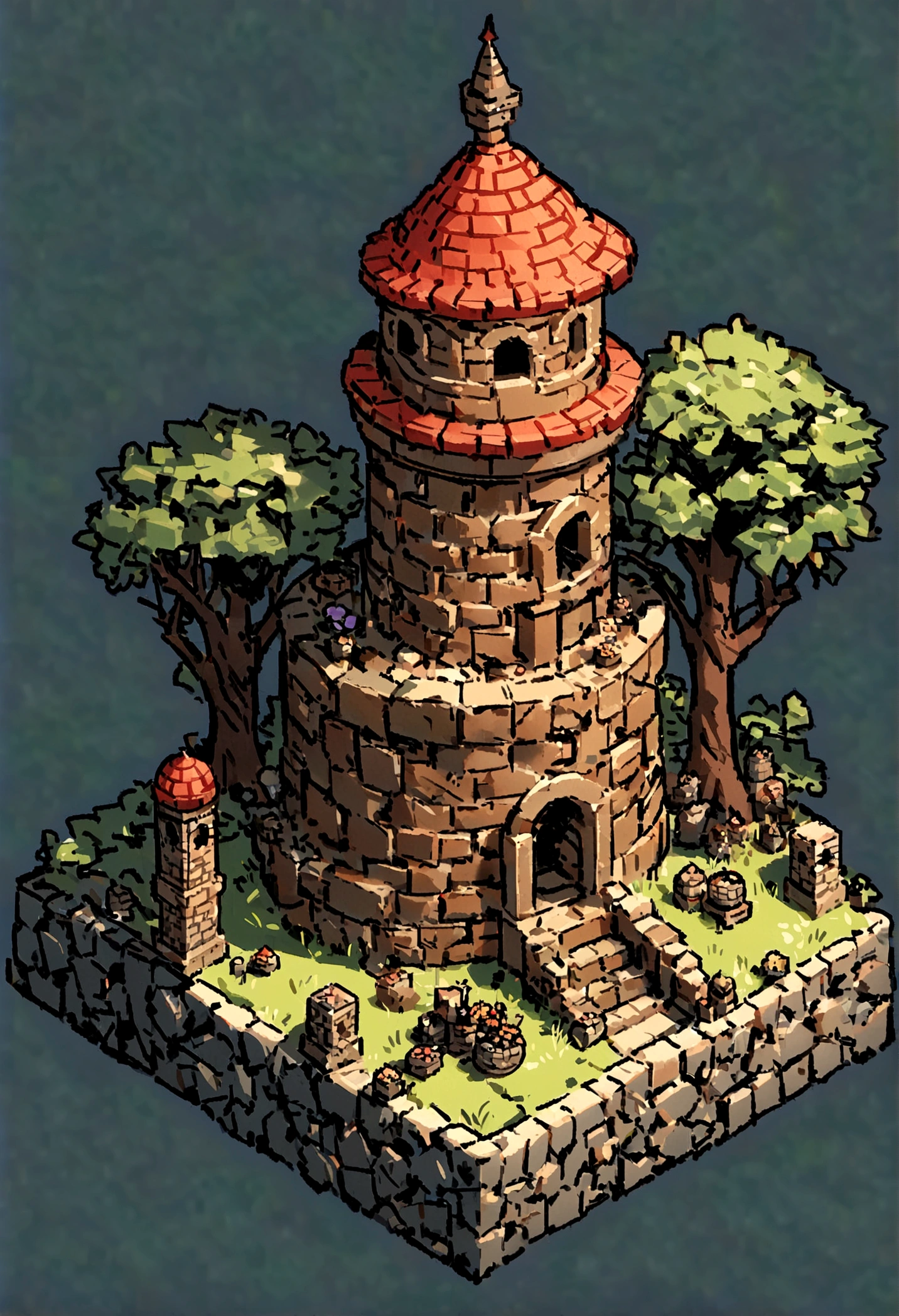 absurdres, best quality, fantasy, isometric, knolling style of (miniature brick round tower:1.2), tree, stone wall, (simple background:1.2)