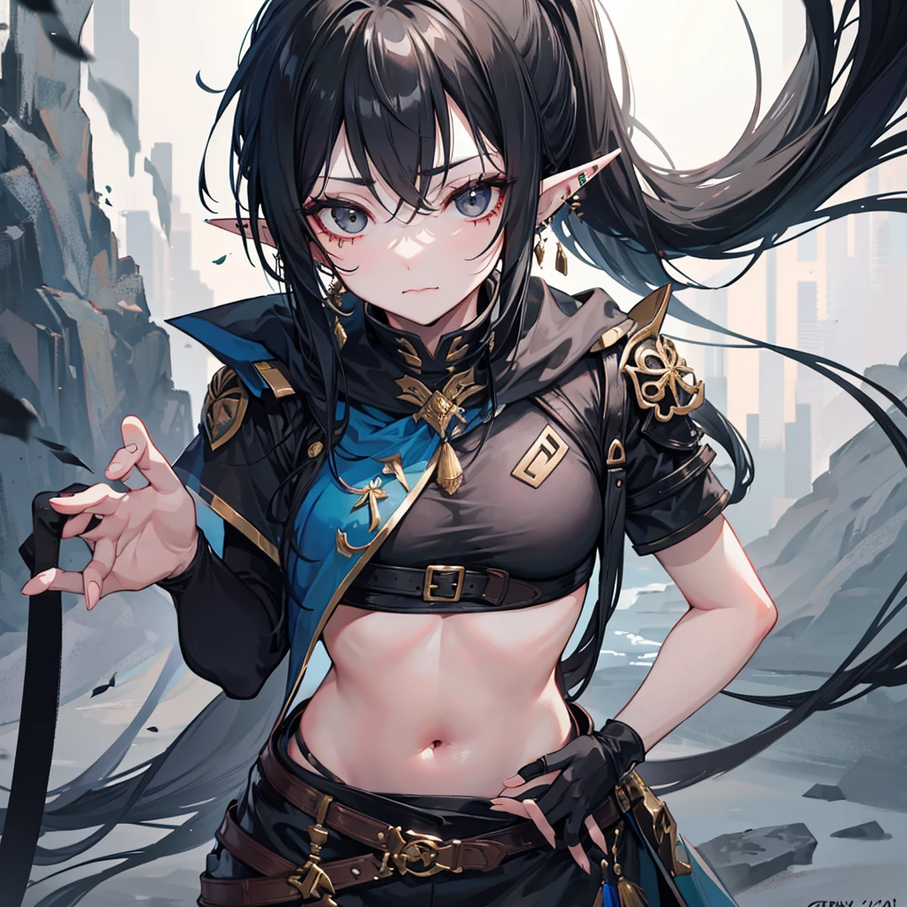 An elf with long black hair with a ponytail and black eyes with a piercing on her lip in a gray rushak