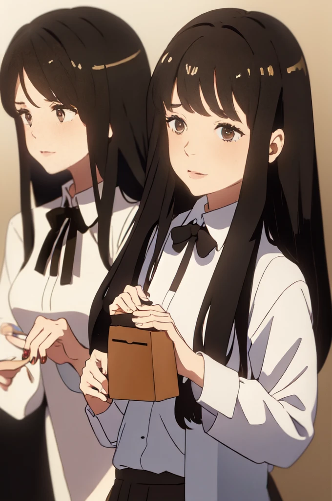 manwha style, girl, long straight brown hair, brown eyes, brown college blouse with long sleeves and underneath a white t-shirt and black bow on the neck, white background, confused look surrounded by "?¿"