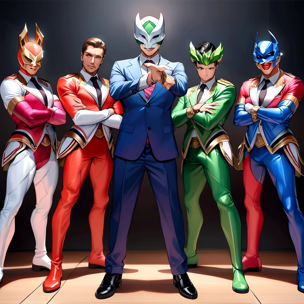 businessmen getting drunk、Outrageous resolution、hight resolution、(​masterpiece:1.4)、ultra-detailliert、Crisp details、Dramatic and photorealistic pictorial art、Super Sentai Serieegaranger、Hero Mask、（reddish、verdant、A black、amarelo、pink there、Fivesome）Righteous heroes、Decide on a transformation pose、