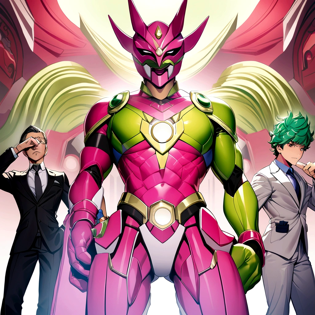 businessmen getting drunk、Outrageous resolution、hight resolution、(​masterpiece:1.4)、ultra-detailliert、Crisp details、Dramatic and photorealistic pictorial art、Super Sentai Serieegaranger、Hero Mask、（reddish、verdant、A black、amarelo、pink there、Fivesome）Righteous heroes、Decide on a transformation pose、