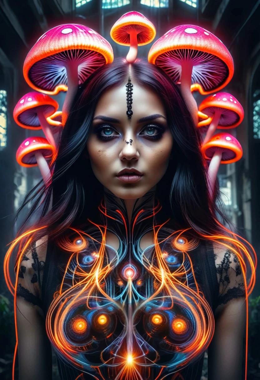 ral-exposure, 1girl, girl with mushroomhead, glowing eyes, in the style of double exposure, (goth:1.6), black, long hair, cross, neon art nouveau, long exposure, wimmelbilder, layered lines, neonpunk, chiaroscuro, best quality, forest, moon, masterpiece, highres, absurdres, incredibly absurdres, huge filesize, wallpaper, colorful,8K,RAW photo <lora:ral-exposure-sdxl:1>