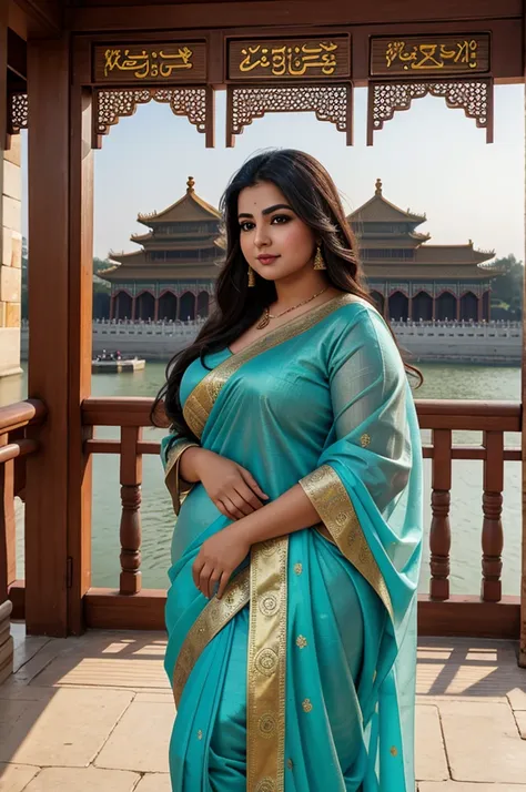 1 heavenly beautiful and goddess beauty cute and sweet looking face arabian female in front of forbidden city, china, heavenly b...