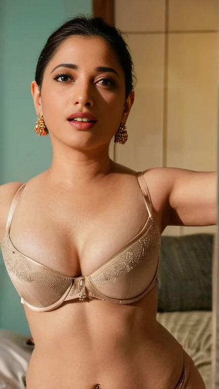Selfie view, ((Tamhwx woman)), detailed face, in lingerie,((high detailed perfect face)), exposing midriff, indian housewife,((tamhwx woman face)),(((detailed face))), in bedroom, 33 year old milf, (((uberrealistic))), masterpiece, shot with kodak, ((high resolution)), realsitic