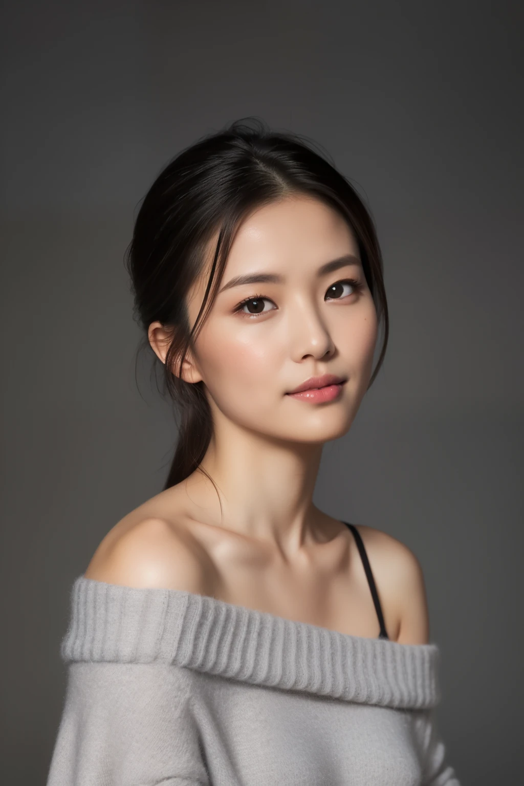 asian lady, She is wearing a soft white sweater relaxed neckline that casually ((drapes off one shoulder)), exposing slender shoulders with black bra trap, highlighted by the rays of light creating a radiant effect on her skin. , mid-shot , light rays, warm atmosphere , light through hair, ((mid-shot, full body, slender waist)), Hair Up Do、 Glowing eyes, nose blush, Carl Larsson, Alfonse Mucha, Chiaroscuro, Film Glenn, reflective light, (((long-Shot))), knee to top,longshot show (((full body))), masterpiece, high details, ((gray background, studio light ))