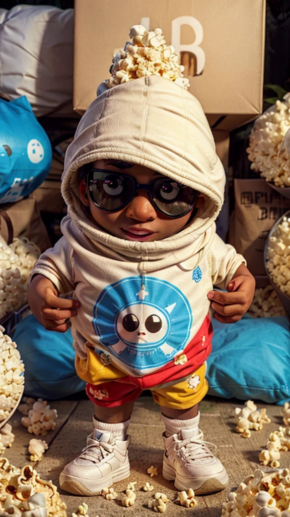 create popped popcorn dressed up as rap music songs, images must be of good quality and in a cartoon style