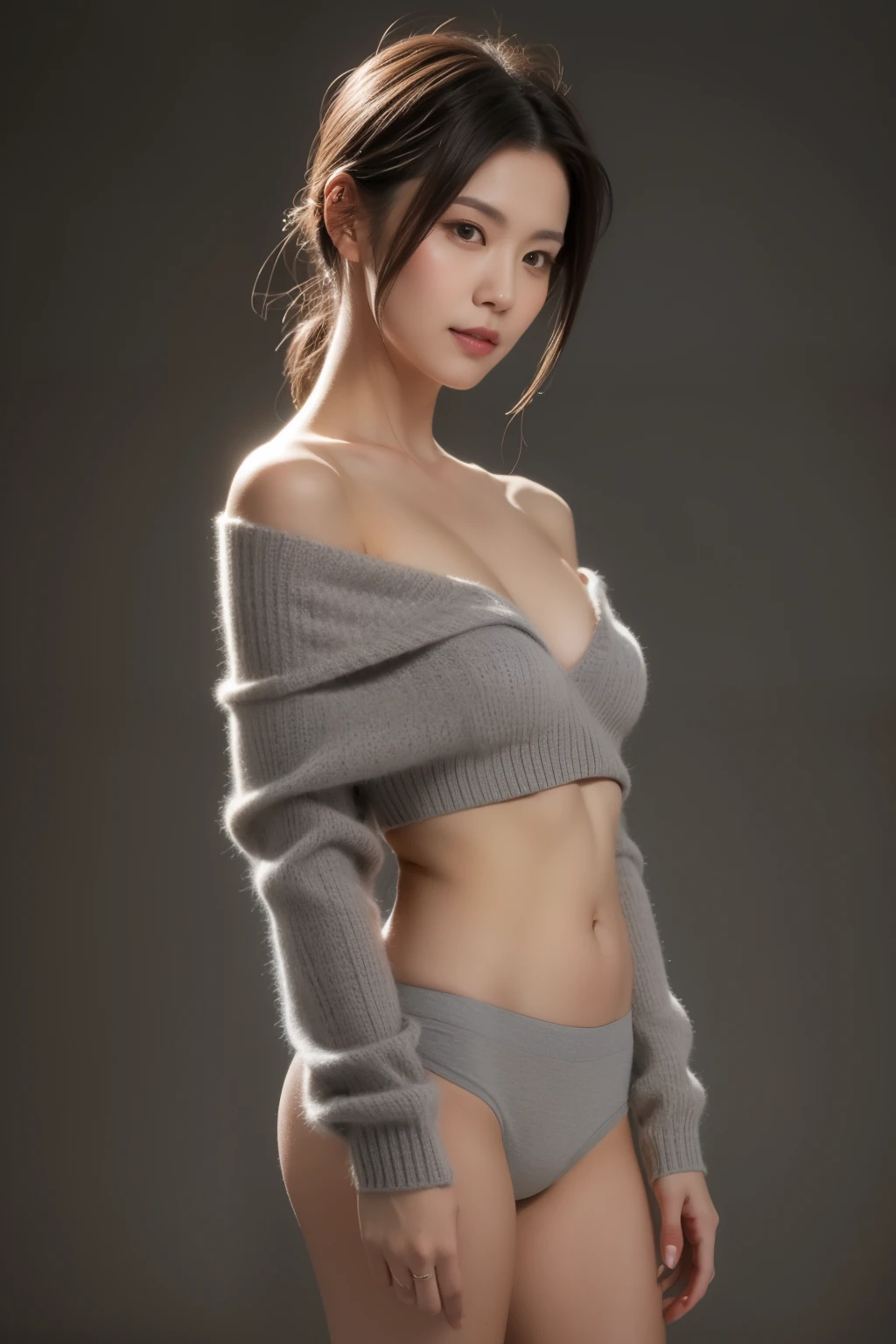 asian lady, She is wearing a soft white sweater relaxed neckline that casually ((drapes off one shoulder)), exposing slender shoulders with black bra trap, highlighted by the rays of light creating a radiant effect on her skin. , mid-shot , light rays, warm atmosphere , light through hair, ((mid-shot, full body, slender waist)), Hair Up Do、 Glowing eyes, nose blush, Carl Larsson, Alfonse Mucha, Chiaroscuro, Film Glenn, reflective light, (((long-Shot))), knee to top,longshot show (((full body))), masterpiece, high details, ((gray background, studio light ))