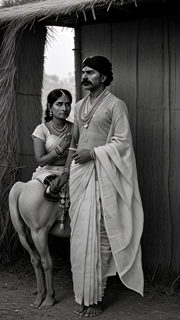 A 30 year old man wearing a white Indian Gujarati turban has a large mustache on his face,He angrily tries to get on his white horse where he tries to stop his wife (woman) who wears a Gujarati saree by standing at a distance and expressing her grief. A hut is built behind them A sad mood is seen. (b&w, black and white:1.2) monochrome pencil art,(sketch), simple flat 2D ruff drawing, 
simple
A monochromatic pencil sketch capturing the emotional turmoil between a 30-year-old man with a white Gujarati turban and a large mustache, and his grieving wife. The man, angry and determined, attempts to ride his white horse, while his wife, dressed in a traditional Gujarati saree, stands at a distance, her eyes filled with sorrow. Their simple hut is in the background, symbolizing a life once shared and now tarnished by conflict. The stark black and white drawing emphasizes the raw emotions and the tragic yet simple lifestyle of the characters.
