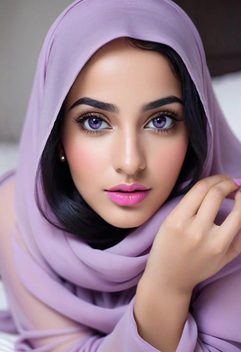 a arab middle eastern soft girl with very soft shy gentle face wearing purple modern hijab beautiful pink juicy lips wide black eyes with very long curvy black hair, tall xm fit model body with round shape natural naked laying down in her bed opening her pussy with her fingers masturbating