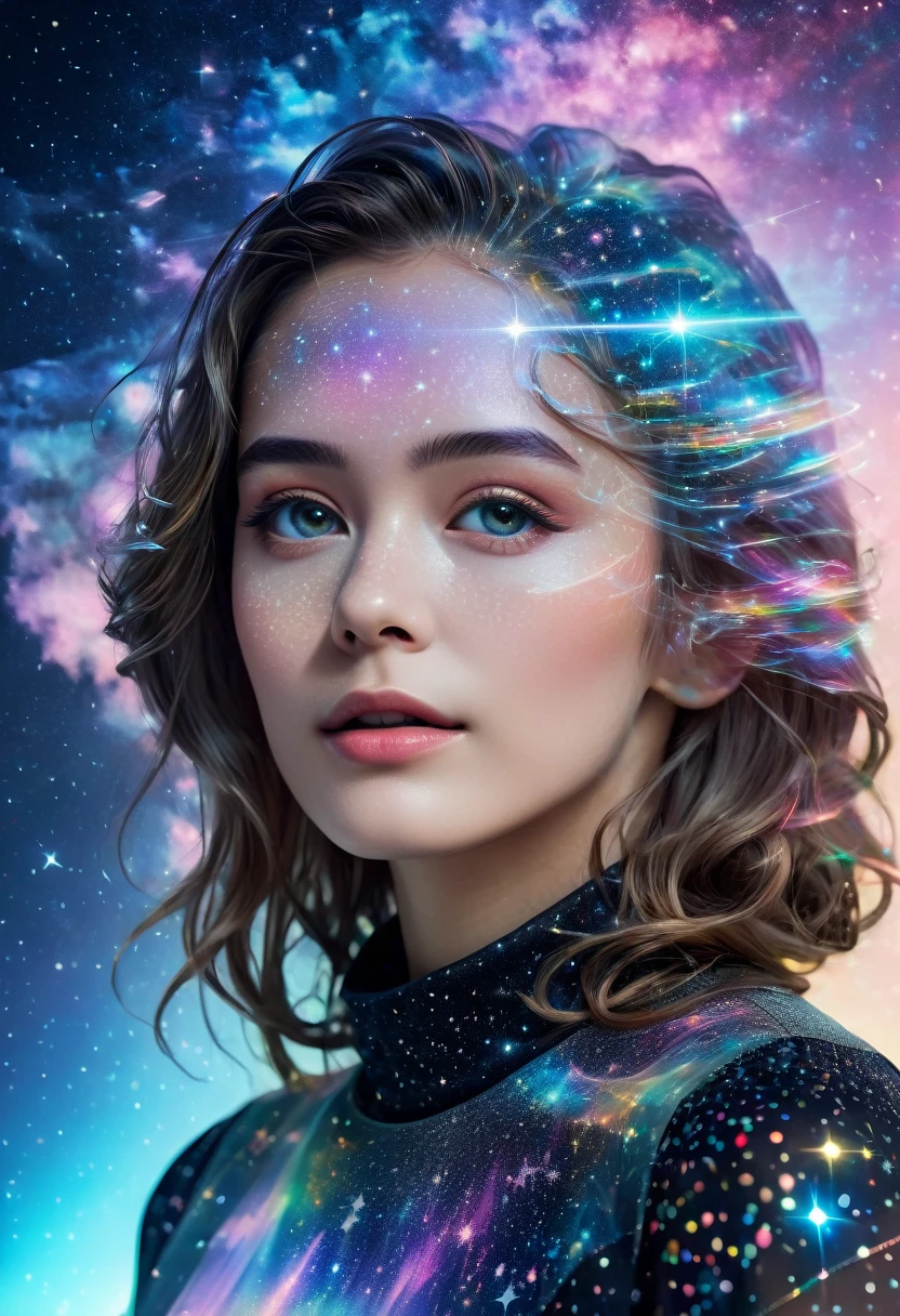 (Multiple Exposure:1.8),Dubrec style,Girl virtual holographic digital avatar,Futuristic magnificent starry sky image foreground,Psychedelic Starry Sky,In space,Superrealisticart风格的复杂插图,surreal dreamscape,Becoming an invisible virtual hologram,Transparent character portrait,Virtual holographic digital image,Superrealisticart, 4K Hyperrealism, Surreal Portraits, 美丽的Surreal Portraits, of surrealist digital art, Surrealism and Fantasy Art, of surrealist digital art, Surreal Portraits, Superrealisticart, Emotional Surreal Art, Fantasy surrealism, 8K Hyperrealism, Surrealist Concept Art