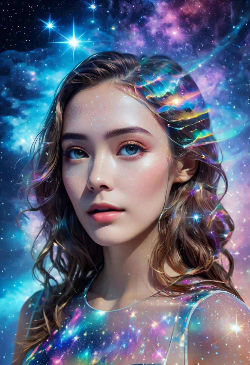 (Multiple Exposure:1.8),Dubrec style,Girl virtual holographic digital avatar,Futuristic magnificent starry sky image foreground,Psychedelic Starry Sky,In space,Superrealisticart风格的复杂插图,surreal dreamscape,Becoming an invisible virtual hologram,Transparent character portrait,Virtual holographic digital image,Superrealisticart, 4K Hyperrealism, Surreal Portraits, 美丽的Surreal Portraits, of surrealist digital art, Surrealism and Fantasy Art, of surrealist digital art, Surreal Portraits, Superrealisticart, Emotional Surreal Art, Fantasy surrealism, 8K Hyperrealism, Surrealist Concept Art