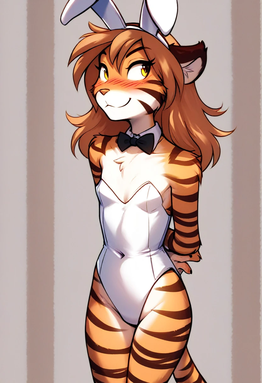 score_9, score_8_up, score_7_up, score_6_up, score_5_up, score_4_up, source_furry, a female anthro fluffy, female, furry, anthro, tkflora, tiger, striped fur, keidran, yellow eyes, solo, small breasts, anthro, (blush, looking away, hands behind back:1.15), light smile, playboy bunny suit, detailed background, twistedscarlett, personalamistyle, front view