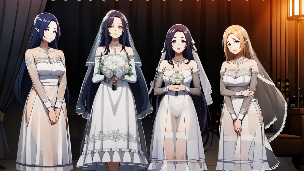 pointy ears,necklace,Gem,Dark Blue hair,Dark Blue Eyes, Bangs,
BREAK (transparent tulle wedding dress with long sleeve and long tail:1.5),
BREAK (Night:1.7), Japan, cyberpunk, CityView, Before Window, Standing at attention,armpits,arm up, expressive eyes,seductive smile, looking at viewer, NSFW,(Full_body),
BREAK (masterpiece:1.2), best quality, high resolution, unity 8k wallpaper, (illustration:0.8), (beautiful detailed eyes:1.6), extremely detailed face, perfect lighting, extremely detailed CG, (perfect hands, perfect anatomy),