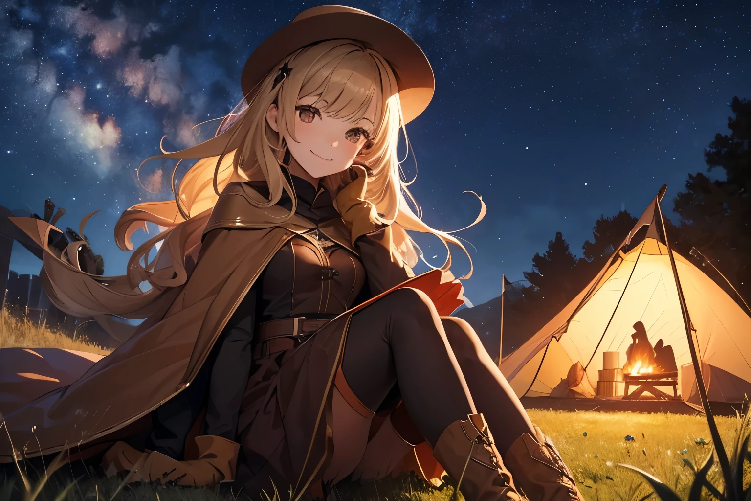Highest quality,Highest quality,Sit by the bonfire,a girl, straw color long wavy hair,Slender,Small breasts,Small breasts, long sleeve, brown long skirt, long skirt, smile,Cape, gloves, boots, wide leather belt,Beautiful starry sky,Wide grassland,a tent