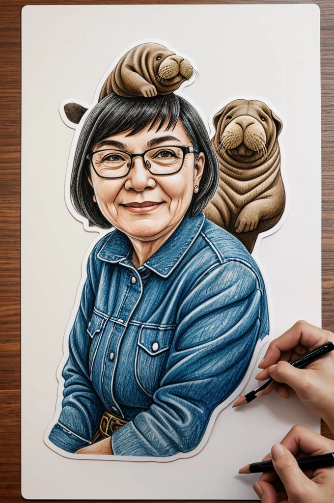((drawing)) (sticker)) 1 older woman, short hair and glasses riding 1 walrus  