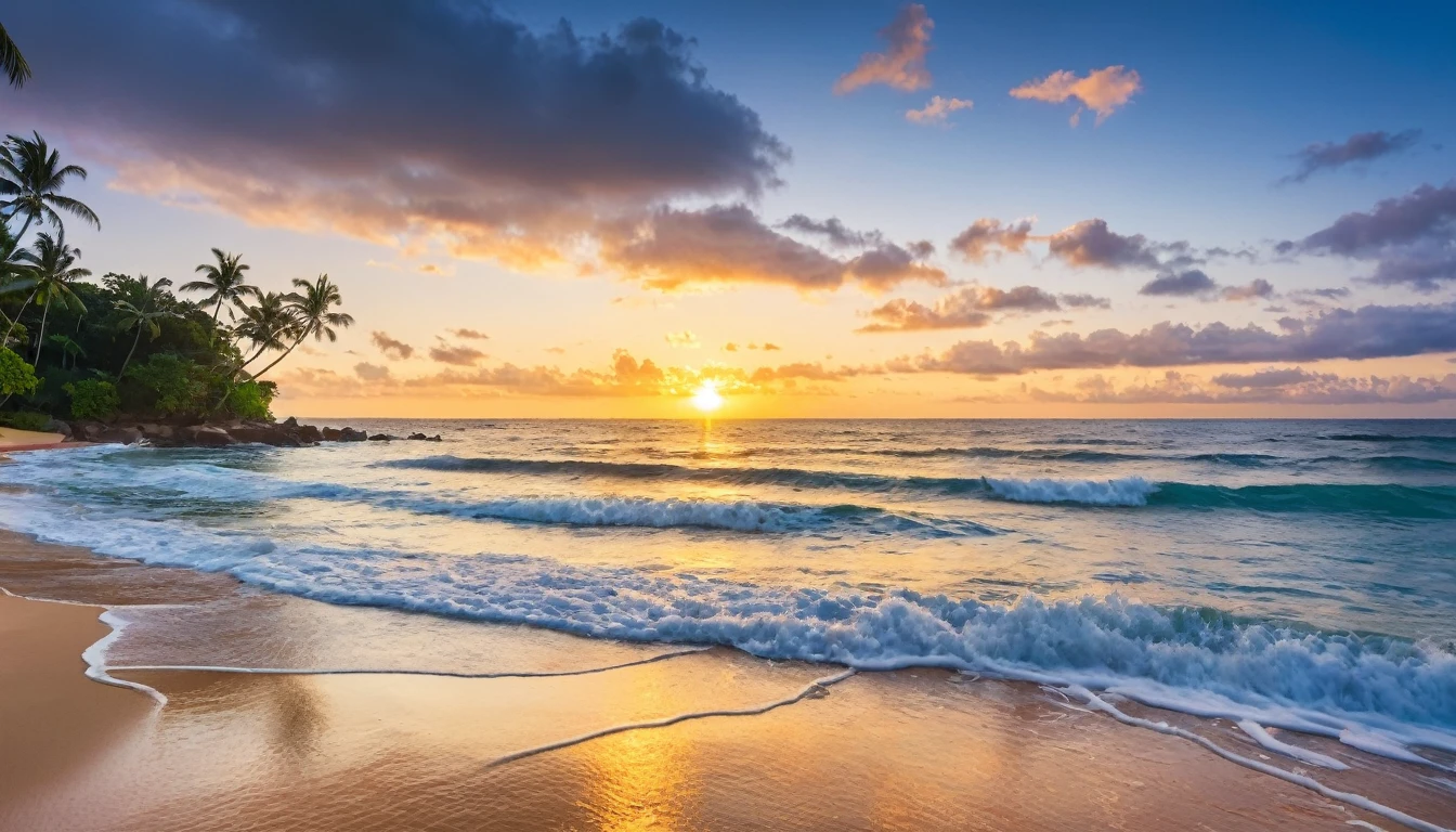 ((Top Quality)), ((Masterpiece)), (Details), Sunrise on the ocean, at tropical beach