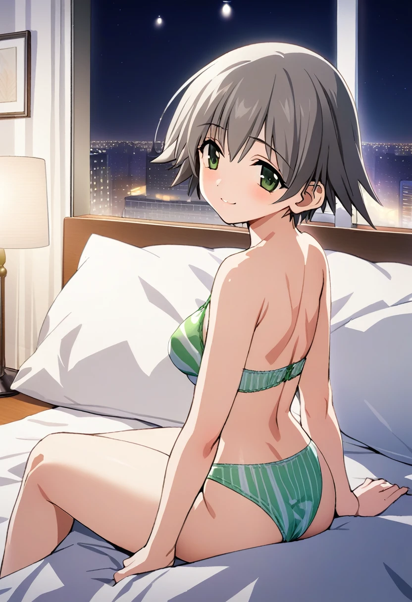 One girl,((Nozomi)),smile、Gentle expression、Tempting、The whole body is shown、night、Hotel、room、Illuminated by lights、Striped light green underwear、Sitting、Leg spread、looking back,from behind,A complete depiction of the human body,masterpiece, Highest quality, Game CG, ultra detailed、highres、extremely detailed CG