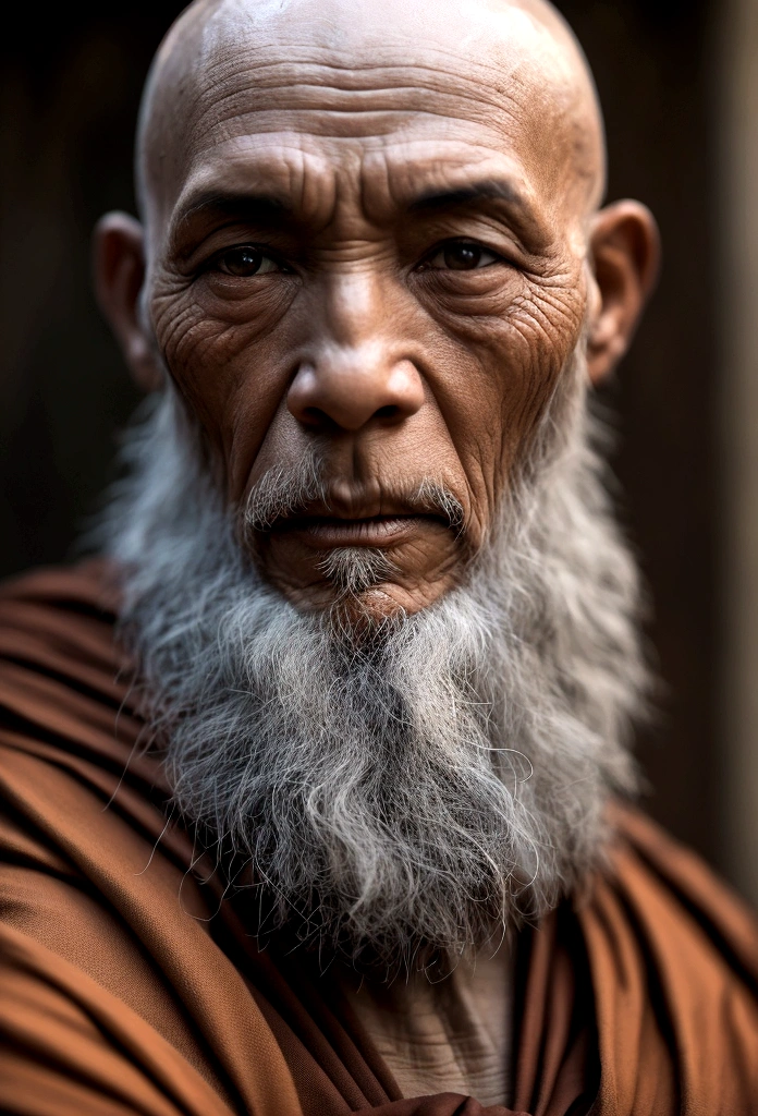 Create a highly detailed and realistic portrait of a monk with a bald head and a gray beard. The monk should be wearing traditional robes in shades of brown and orange, and he should have prayer beads around his neck. The background should be simple and slightly blurred, with warm, earthy tones to highlight the serene and wise appearance of the monk. The lighting should be soft, casting gentle shadows to emphasize the texture of the robes and the contemplative expression on the monk's face.