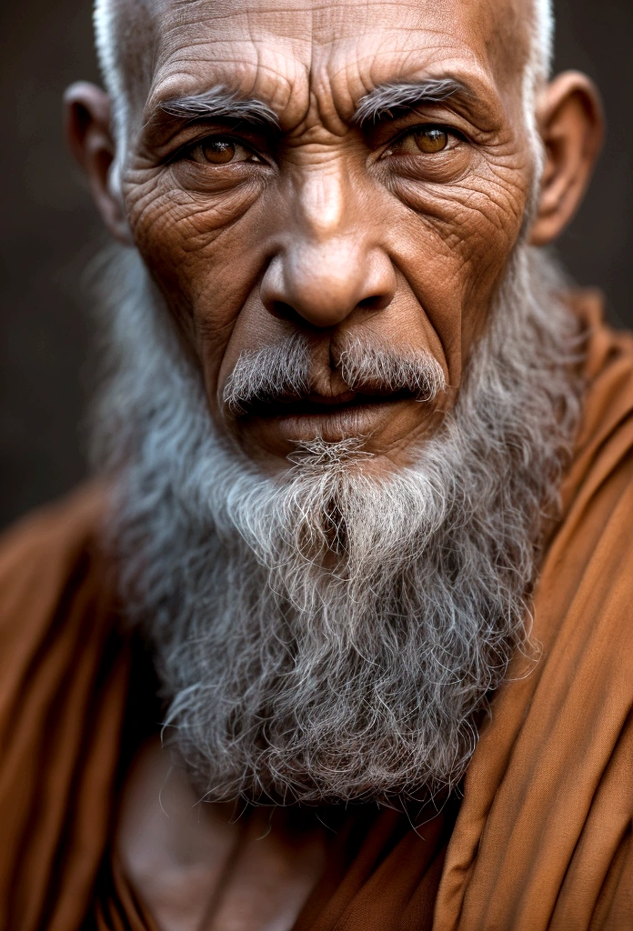 Create a highly detailed and realistic portrait of a monk with a bald head and a gray beard. The monk should be wearing traditional robes in shades of brown and orange, and he should have prayer beads around his neck. The background should be simple and slightly blurred, with warm, earthy tones to highlight the serene and wise appearance of the monk. The lighting should be soft, casting gentle shadows to emphasize the texture of the robes and the contemplative expression on the monk's face.