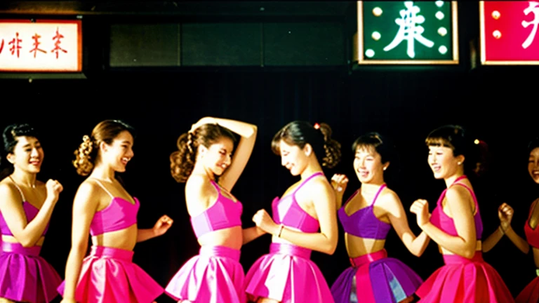 Women dancing in a Japanese nightclub in the 80s with Japanese lights and letters 