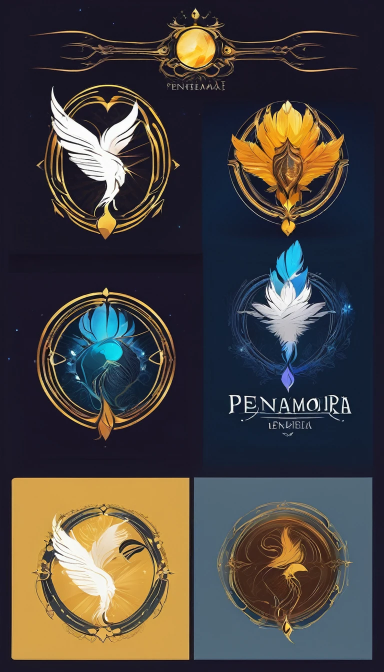 Create a minimalistic, simple, fantastic, easy to understand, logo design of two faces, one of a boy and the other of a feather for an upcoming Fantasy Role Playing Game called " Penamemoria". The game is about a world full of bird and feathers. A boy enters that world and discovers his true artistic identity. Create a logo design that transmits the essence of this videogame. It´s a fantasy game, with fantasy elements. Create the logo in the center and a fantasy theme as background. Use the colours blue, white, yellow in the logo. The logo design must convey a sense of fantasy, dreams and music. Must convey a feeling of being a true Dreamer