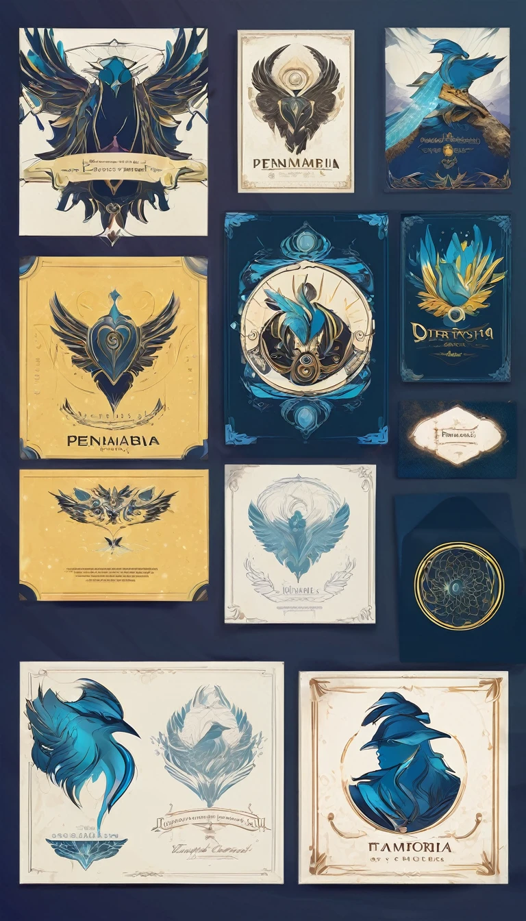 Create a minimalistic, simple, fantastic, easy to understand, logo design of two faces, one of a boy and the other of a feather for an upcoming Fantasy Role Playing Game called " Penamemoria". The game is about a world full of bird and feathers. A boy enters that world and discovers his true artistic identity. Create a logo design that transmits the essence of this videogame. It´s a fantasy game, with fantasy elements. Create the logo in the center and a fantasy theme as background. Use the colours blue, white, yellow in the logo. The logo design must convey a sense of fantasy, dreams and music. Must convey a feeling of being a true Dreamer