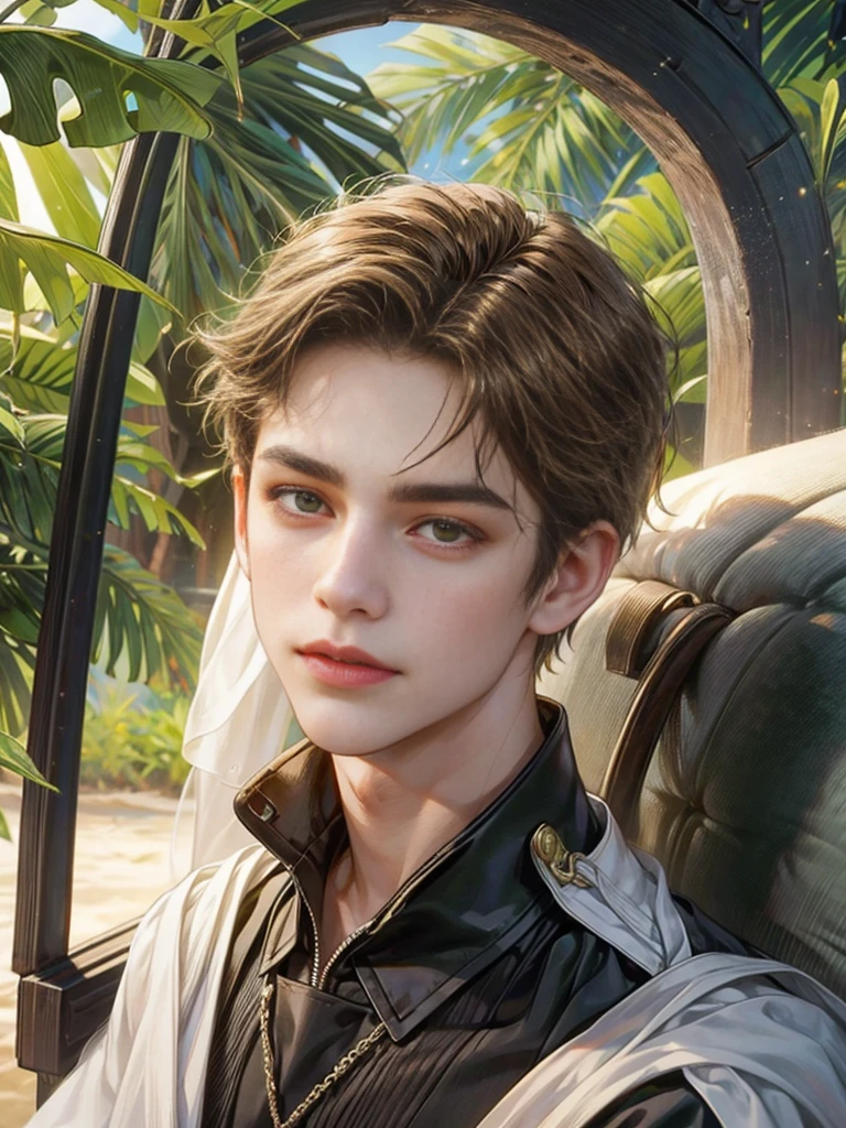 The boy has green eyes,a girl with brown eyes,selfie. He looks at the girl