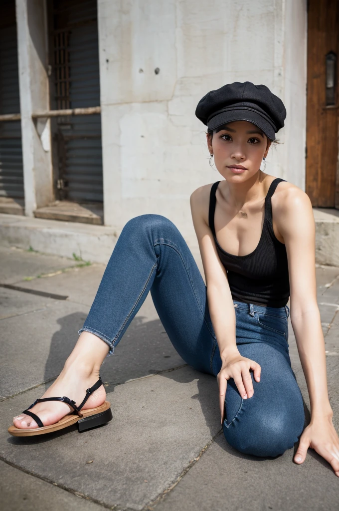 Ultra-realistic capture, Highly detailed, High resolution 16k close-up of human skin. Skin texture must be natural, With such detail that pores can be finely identified, Skin should look healthy, In a uniform tone. Use natural light and color, photo realistic, Full Body Shot, full body, (perfect foot), (small feet), (showing feet), (five toes on each foot), shorts jeans, black tank top, street hat, sandals, sweaty skin, crouch, from below