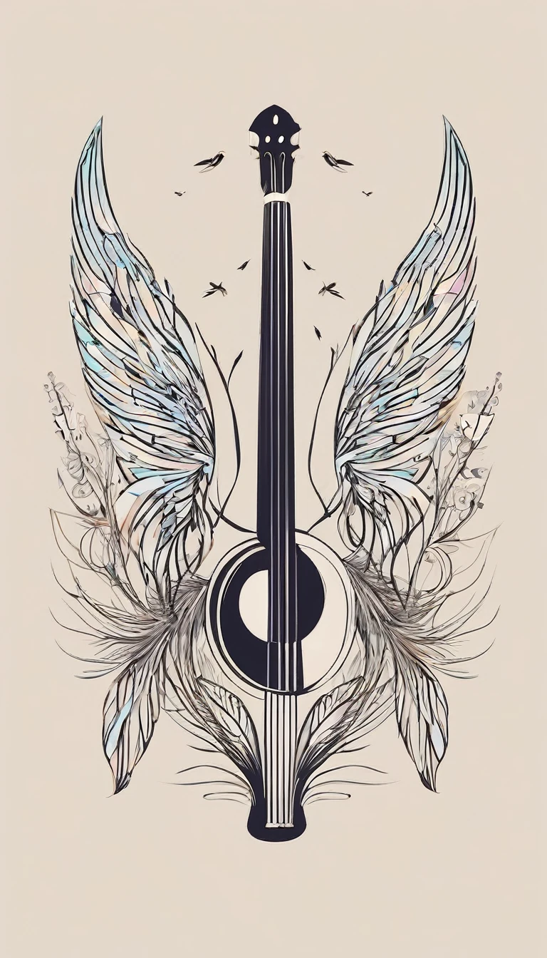 Create a symmetrial, abstract logo of two birds and a boy guitarist. As a symbol, create a feather as the special symbol for a creative brand called " Penamemoria". The logo should represent the companionship between a boy musician, A Storyteller Fantasy Bird and a Dreamy Feather. Minimalist symbol design
