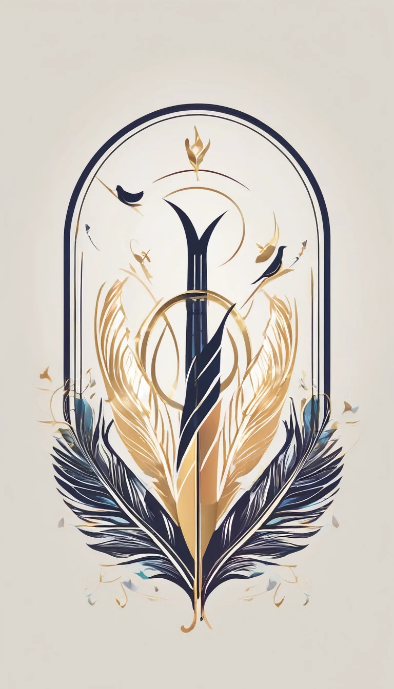 Create a symmetrial, abstract logo of two birds and a boy guitarist. As a symbol, create a feather as the special symbol for a creative brand called " Penamemoria". The logo should represent the companionship between a boy musician, A Storyteller Fantasy Bird and a Dreamy Feather. Minimalist symbol design
