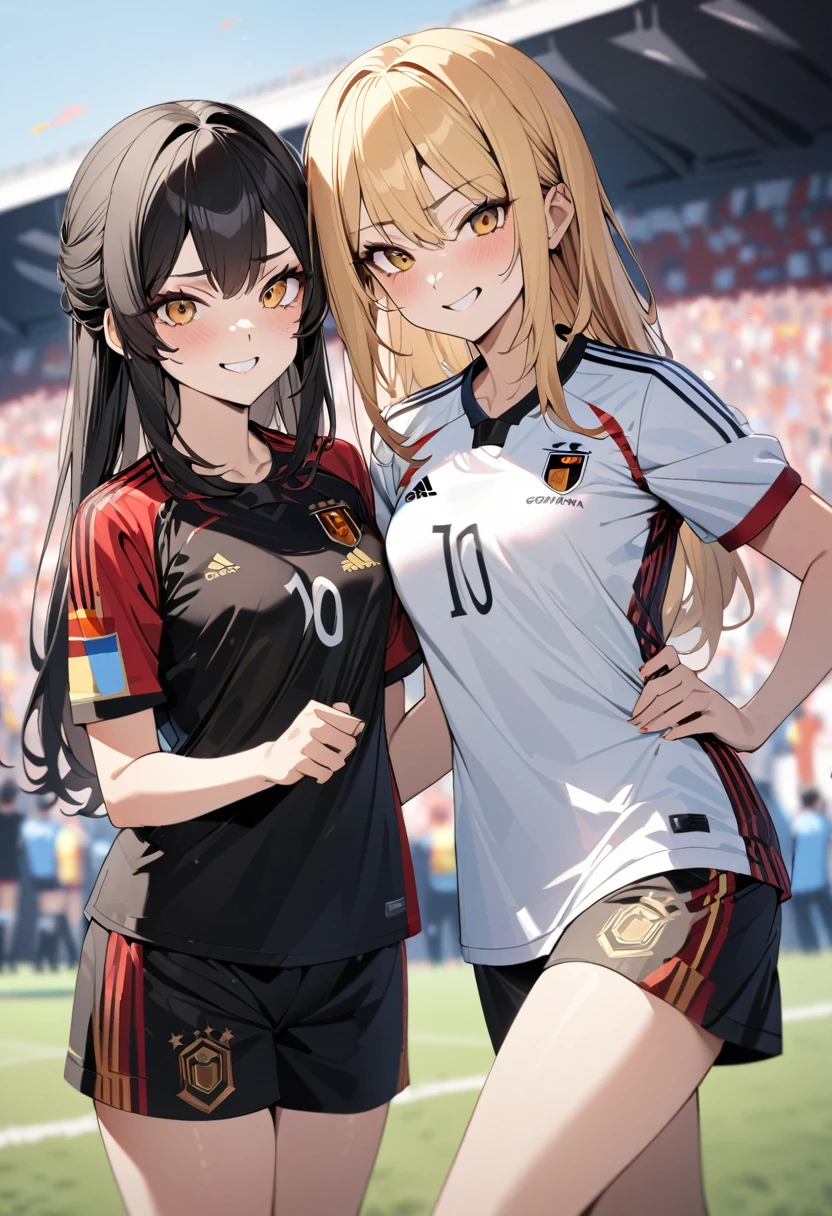 (award winning, 8k, super detailed, high resolution, best quality) , photography, (two girls), girl on the left with blonde hair in ((spain soccer uniform)) and smirk expression, girl on the right with black hair in ((germany soccer uniform)) and (timid expression), (standing side by side), ((beautiful girls)), cheering football match.