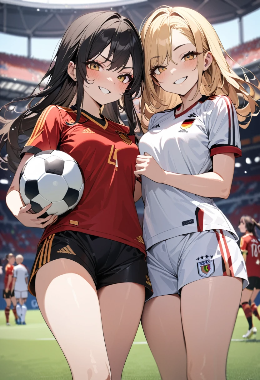 (award winning, 8k, super detailed, high resolution, best quality) , photography, (two girls), girl on the left with blonde hair in ((spain soccer uniform)) and smirk expression, girl on the right with black hair in ((germany soccer uniform)) and (timid expression), (standing side by side), ((beautiful girls)), cheering football match.