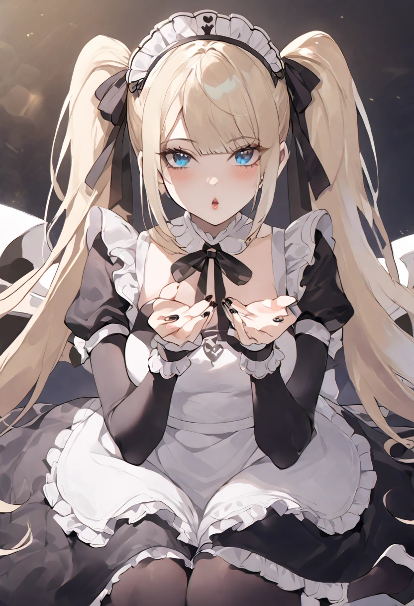 Marie rose, maid uniform, headdress, black stockings, mansion, ThiccWithaQ art style, Marie rose, cute, lewd, sexy, blowing kiss, fetallio gesture, horny, lustful, big ass, big hips, blue eyes, blone hair, pigtails, cute face, expressive face, sweet, She has fair skin, light blonde, bottom-length hair that's held up in twin-pigtails, She appears very young, Gothic Lolita Fashion, strapless maid dress, with arm sleeves. platform heeled shoes, black nail polish, Gothic arm accessories, and frequent use of the colors black and white are recurring elements in her additional outfits. Her ribbons are also always black, with the choice of pointed or tied ribbons,